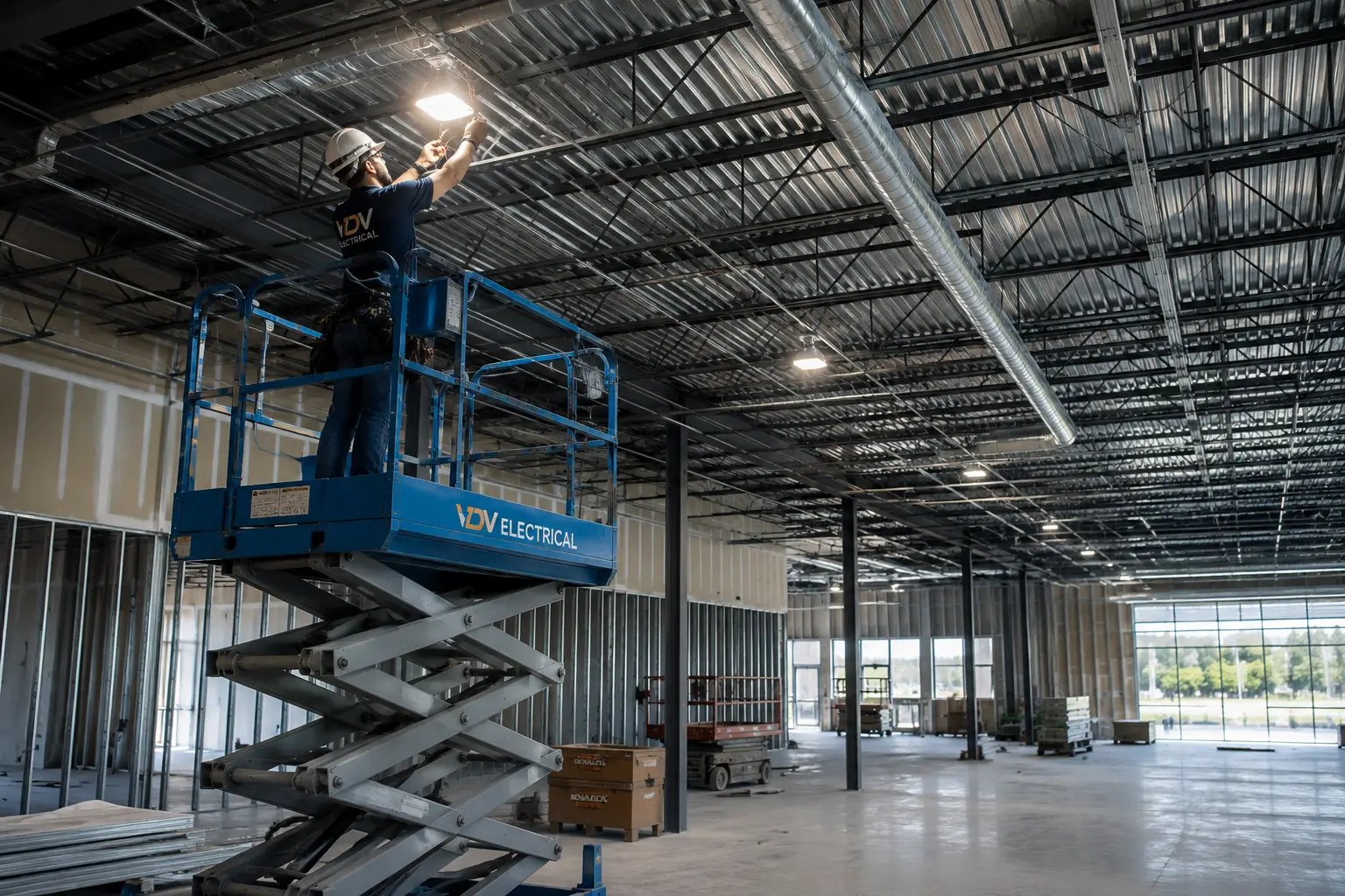 Electrician wiring a commercial building under construction