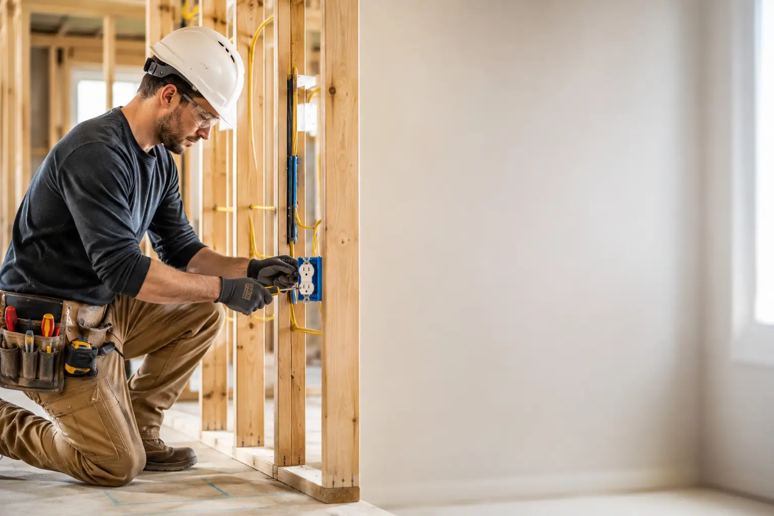 Electrician installing residential wiring in a new home